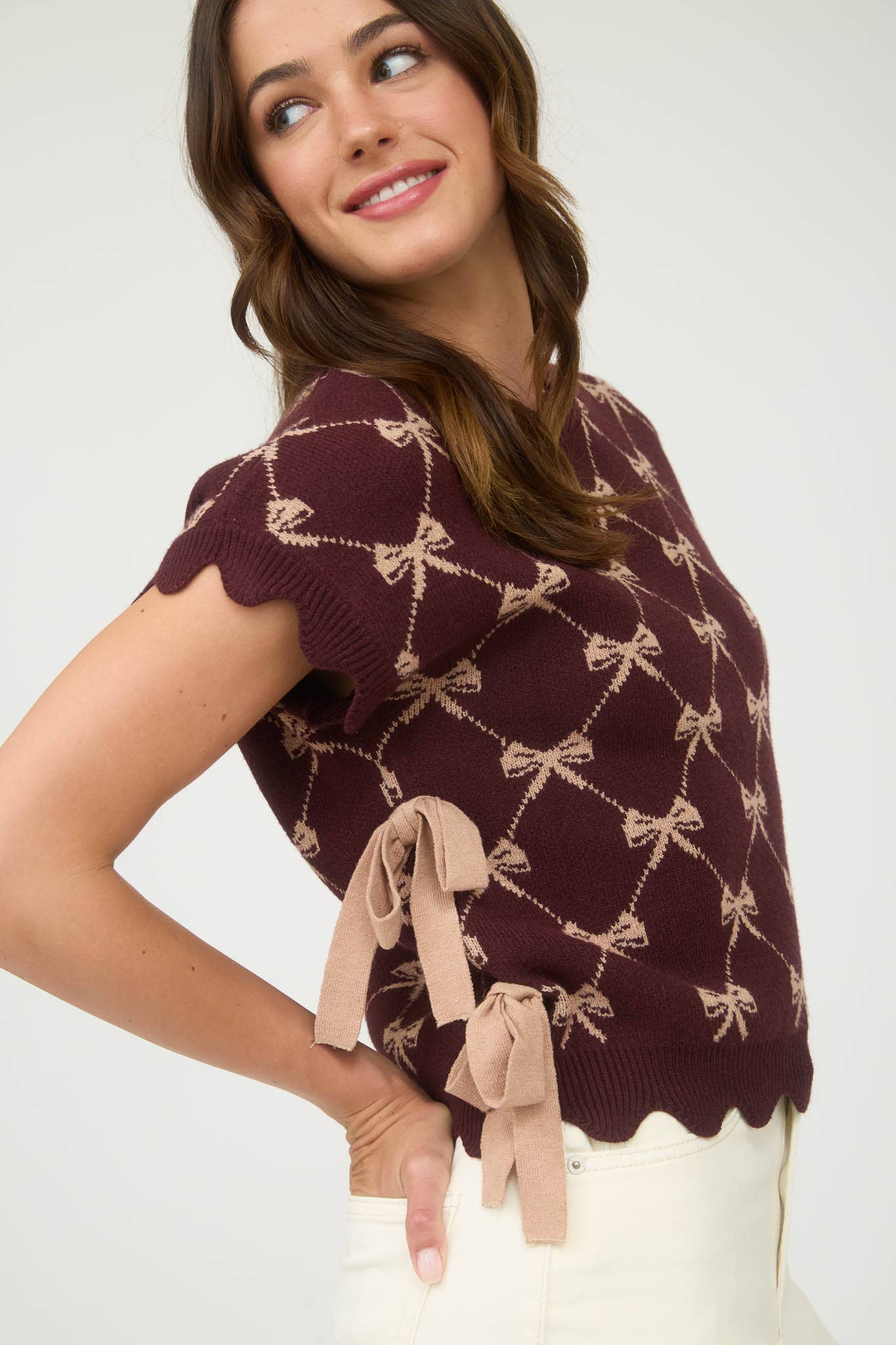 BOW PATTERN SHORT SLEEVE SIDE TIE KNIT PULLOVER