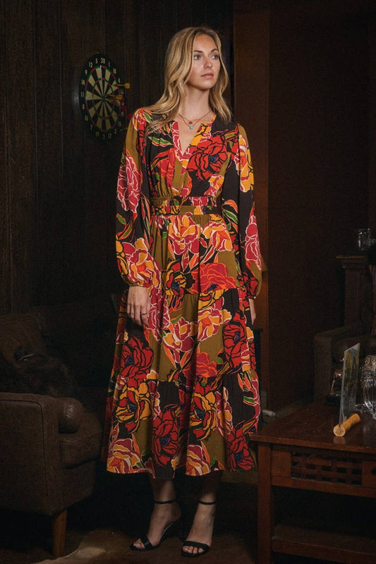 Fall Floral Printed Tired Maxi Dress