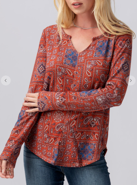 PAISLEY PRINT V NECK LONG SLEEVE KNIT TOP