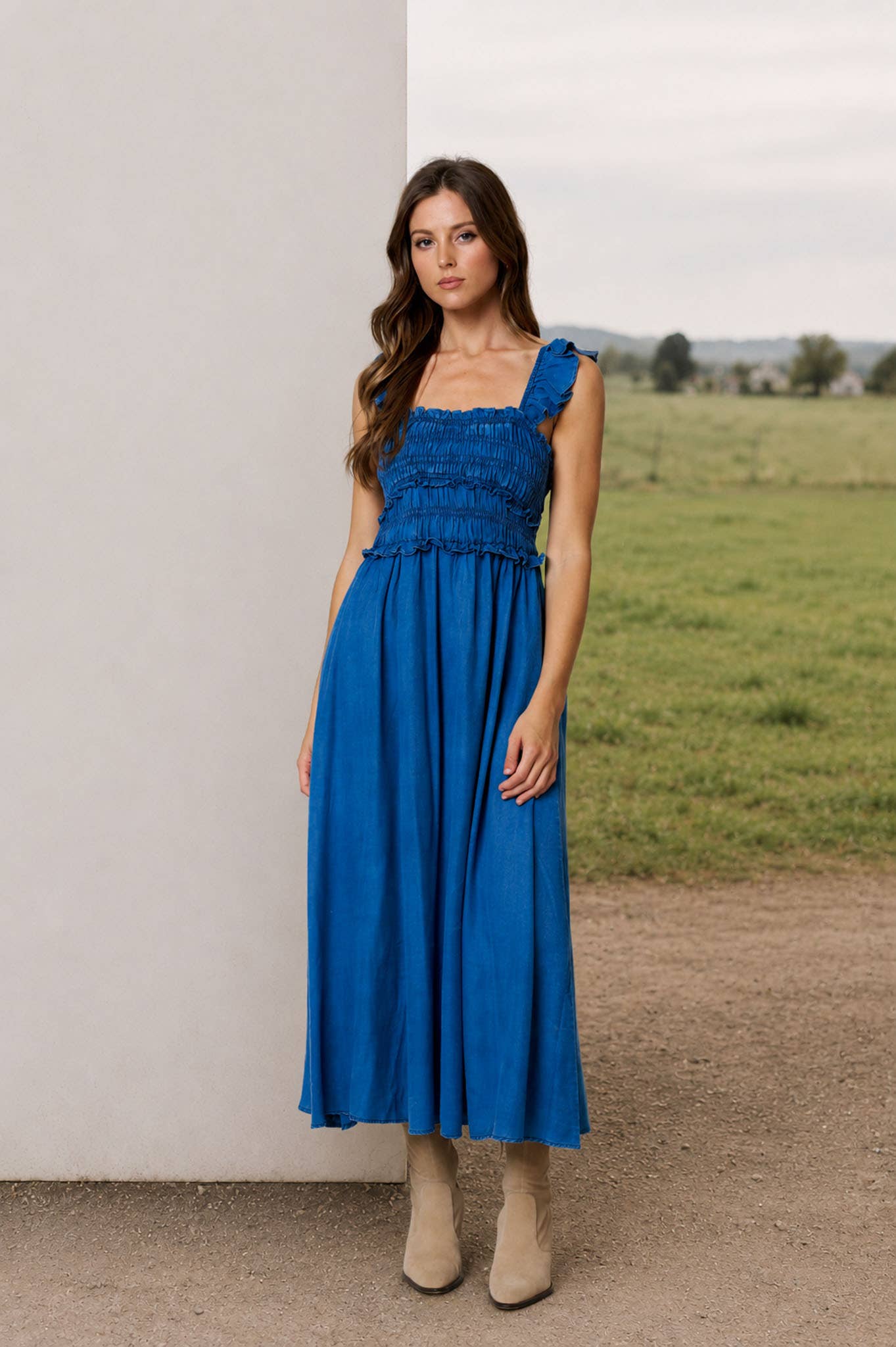 SMOCKED RUFFLE STRAP DENIM MIDI DRESS