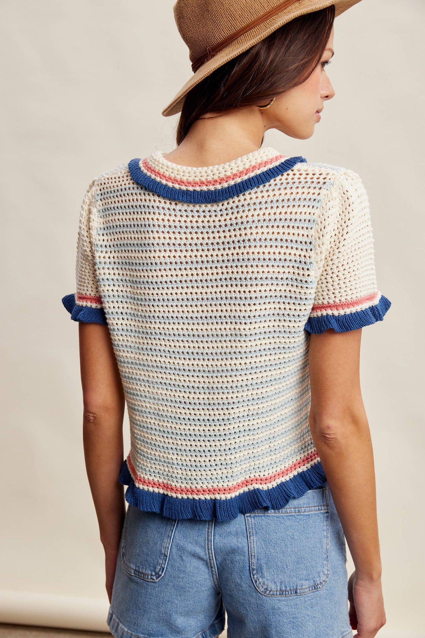 Ruffle Trim Crochet Knit Cardigan