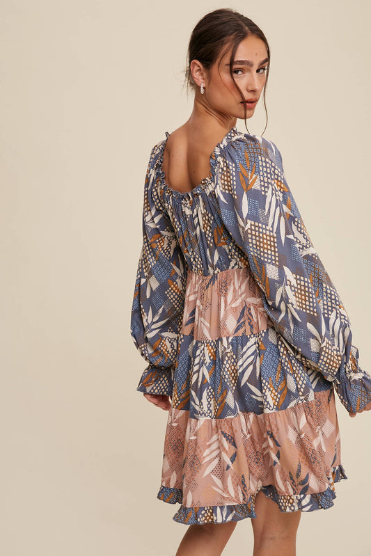 Patchwork Puff-Sleeve Tiered Mini Dress