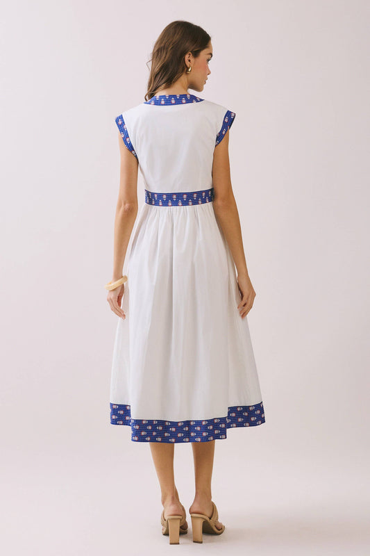 Contrast Quilted Printed Trim Detail V Neck Midi Dress