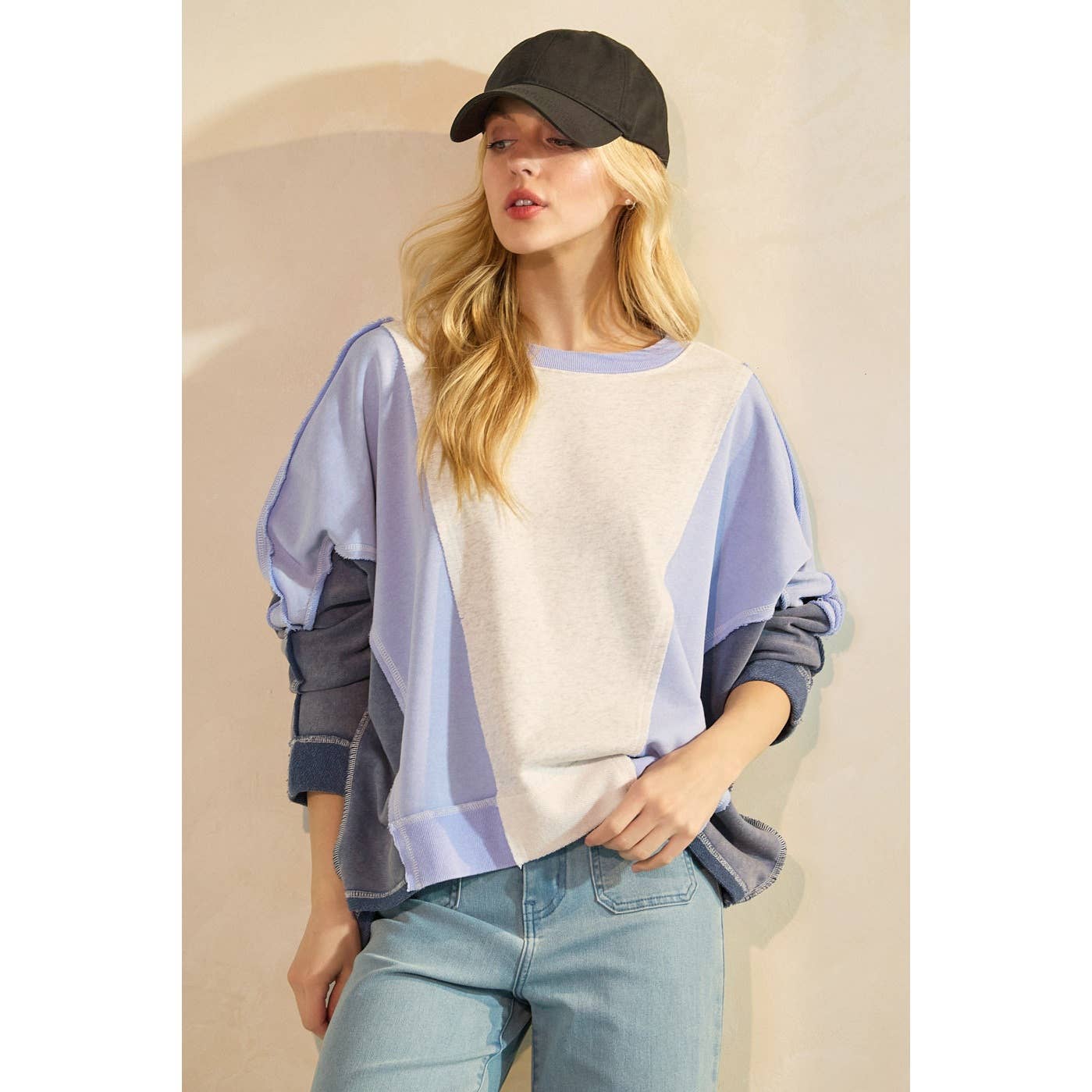 MINERAL WASH COLOR BLOCK DOLMAN SLEEVE PULLOVER