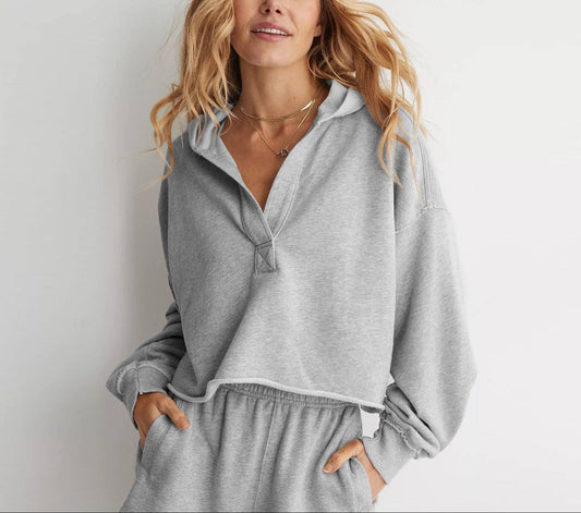 Oversized Hooded V Neck Sweatshirt Pullover Top