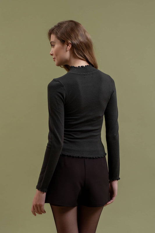 LETTUCE TRIM MOCK NECK SWEATER KNIT TOP