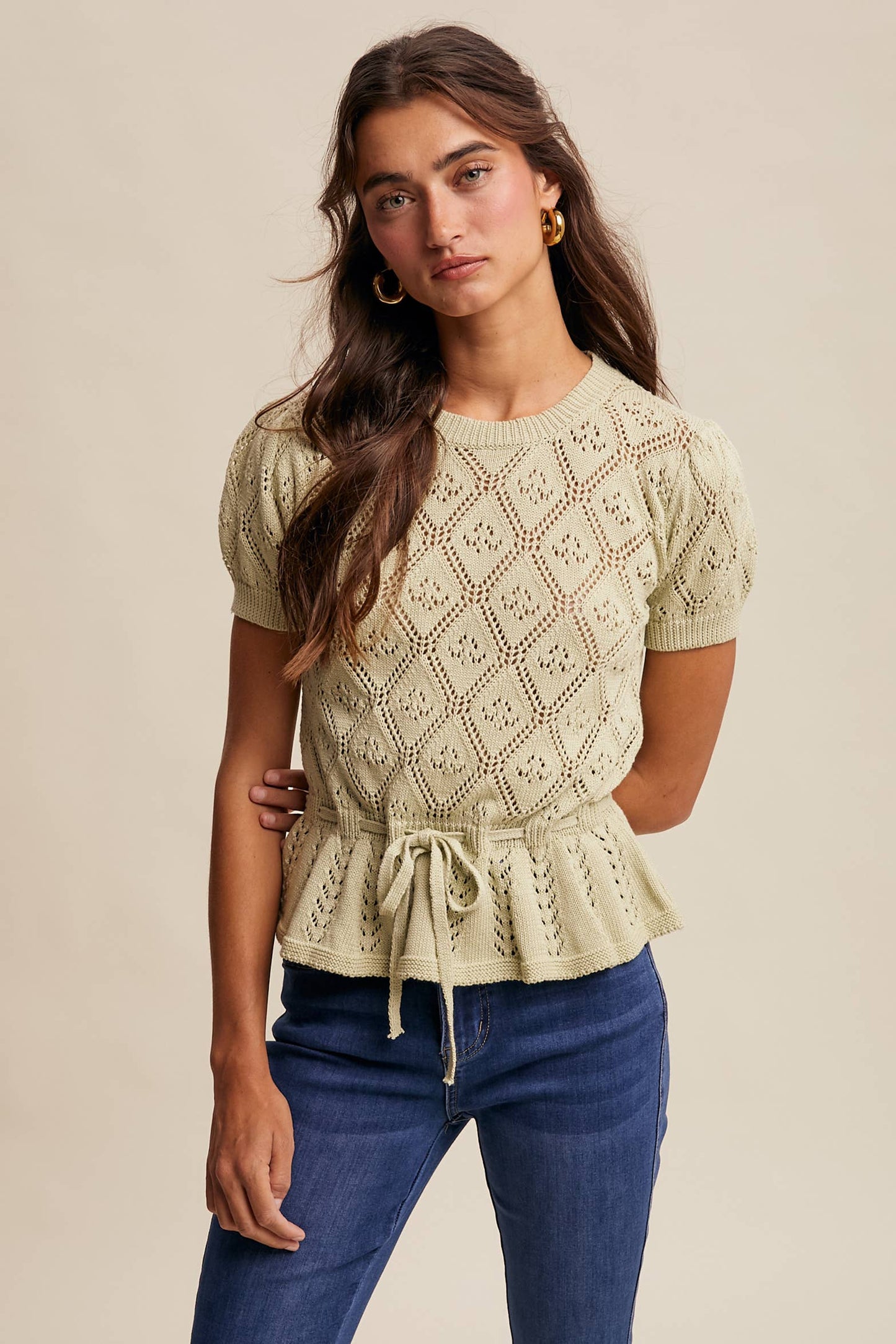 Pointelle Knit Peplum Top