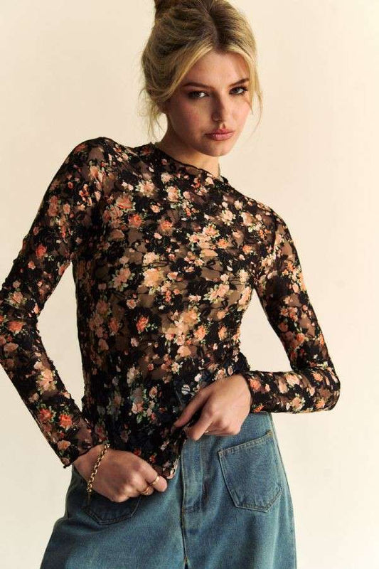 Mesh Floral Long Sleeve Top