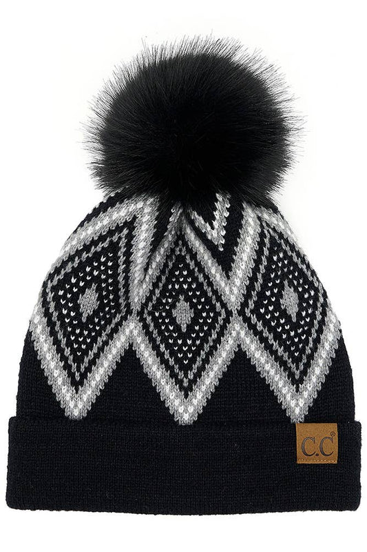 C.C Diamond Geometric Pattern Pom Beanie