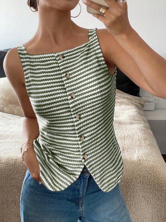 Striped Button Front Sleeveless Tank Top
