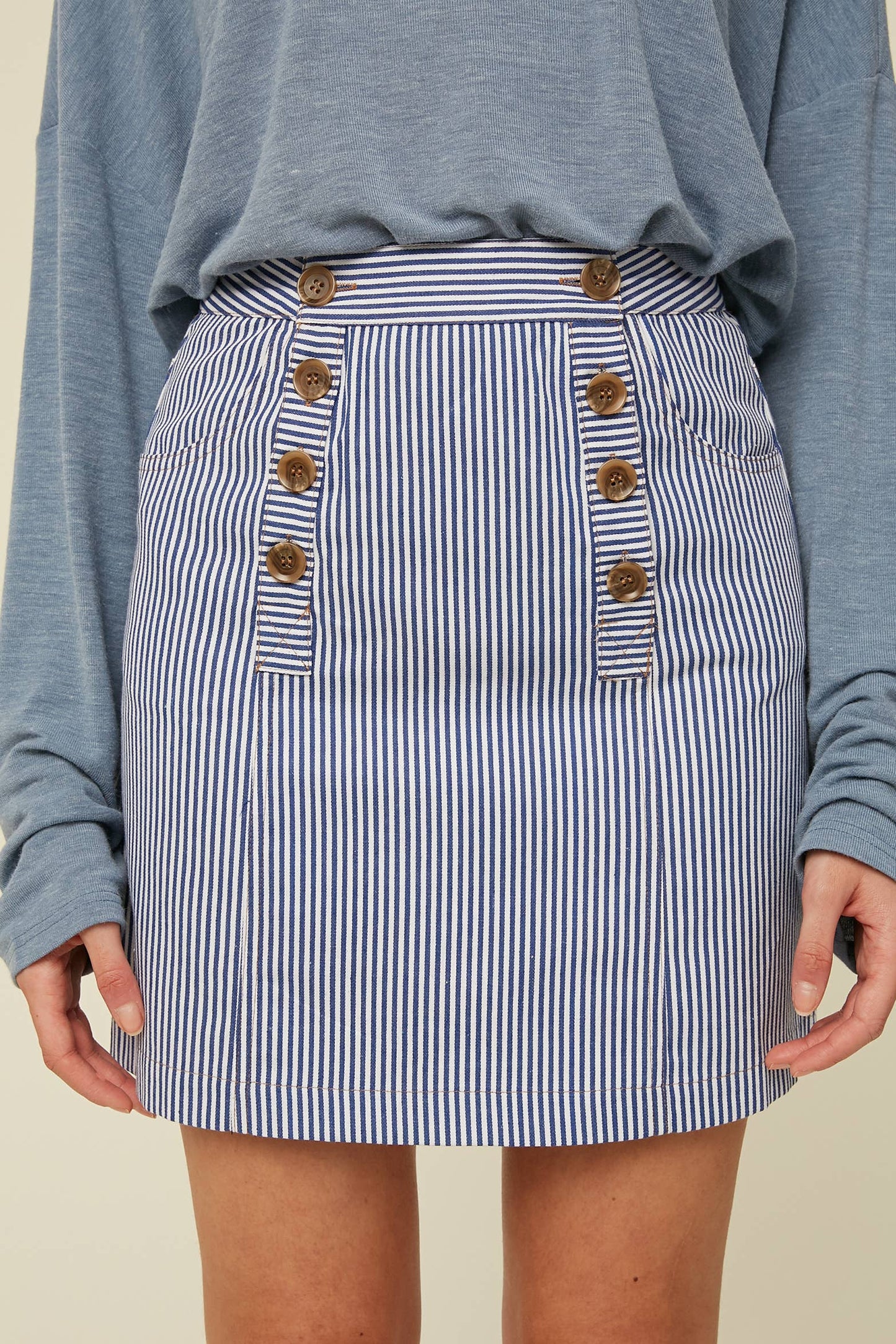 Striped Button Detail Mini Skirt