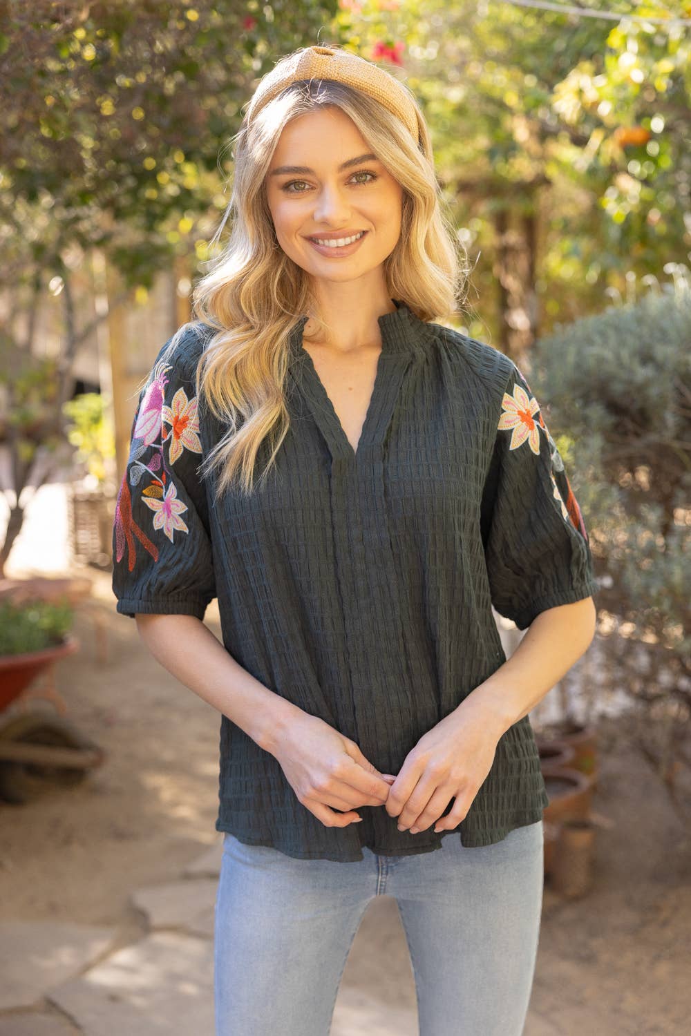 Bird Embroidery Sleeve Smocked Neck Top