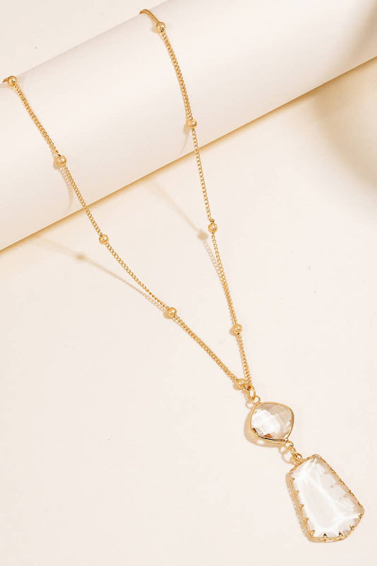 Double Rhinestone Gem Pendant Long Chain Necklace