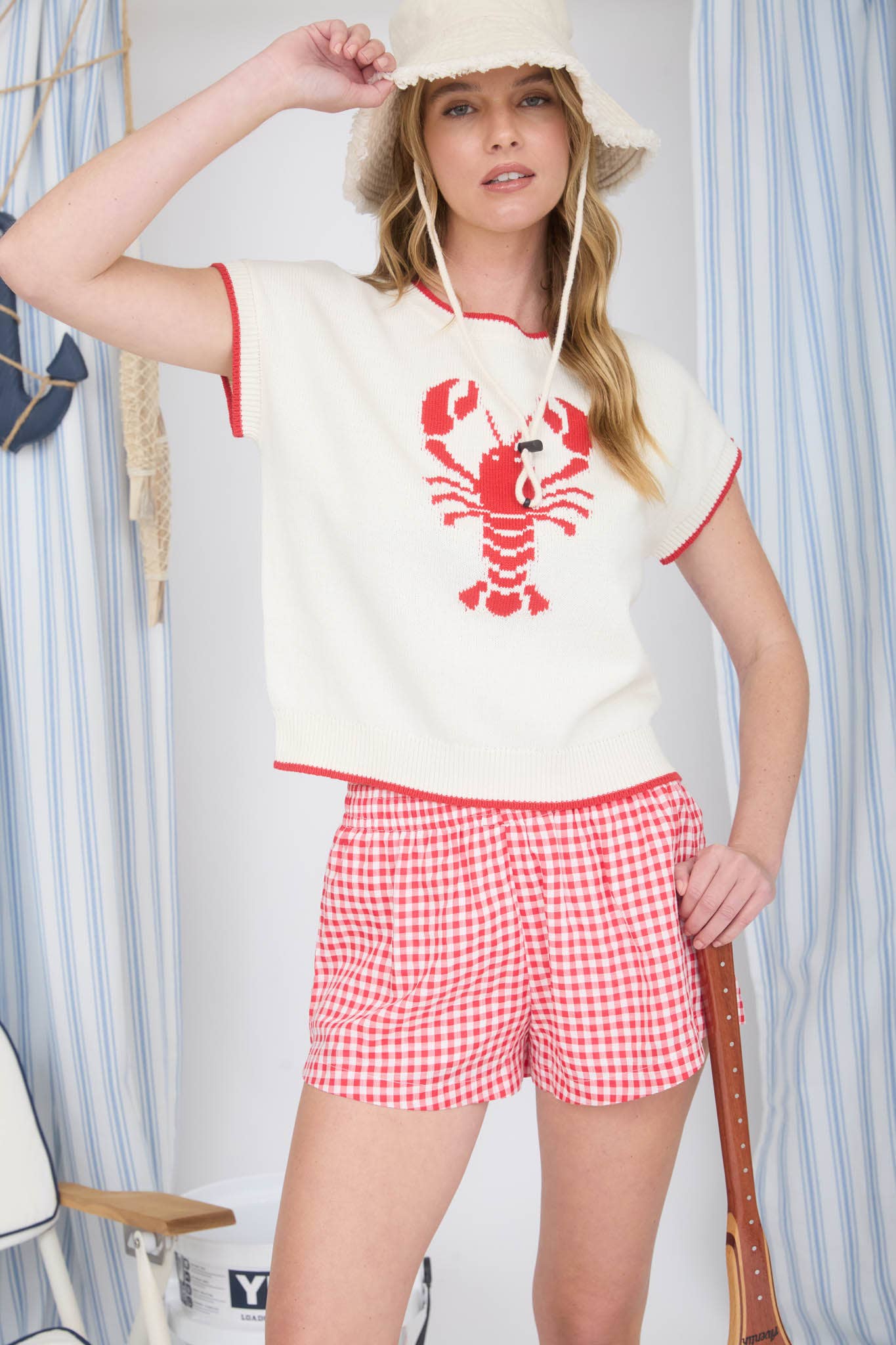 LOBSTER MOTIF SHORT SLEEVE KNIT SWEATER