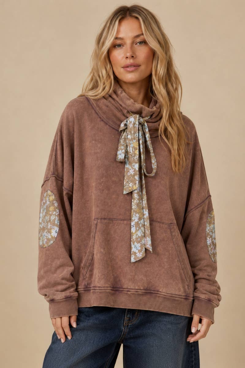 Floral Patch Loose Cowl Neck French Terry Top