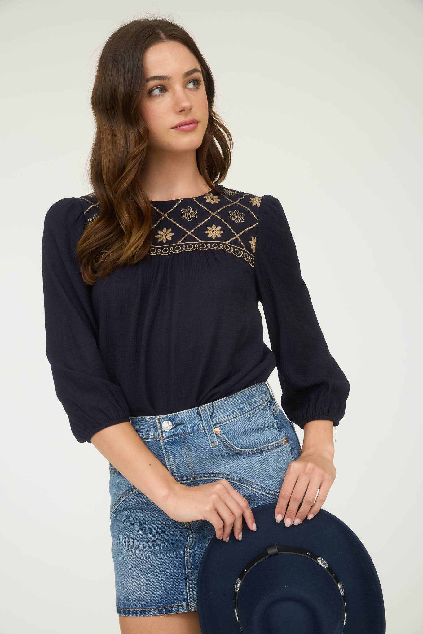FLORAL EMBROIDERED YOKE 3/4 SLEEVE BLOUSE