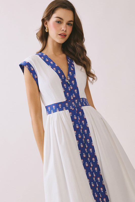 Contrast Quilted Printed Trim Detail V Neck Midi Dress