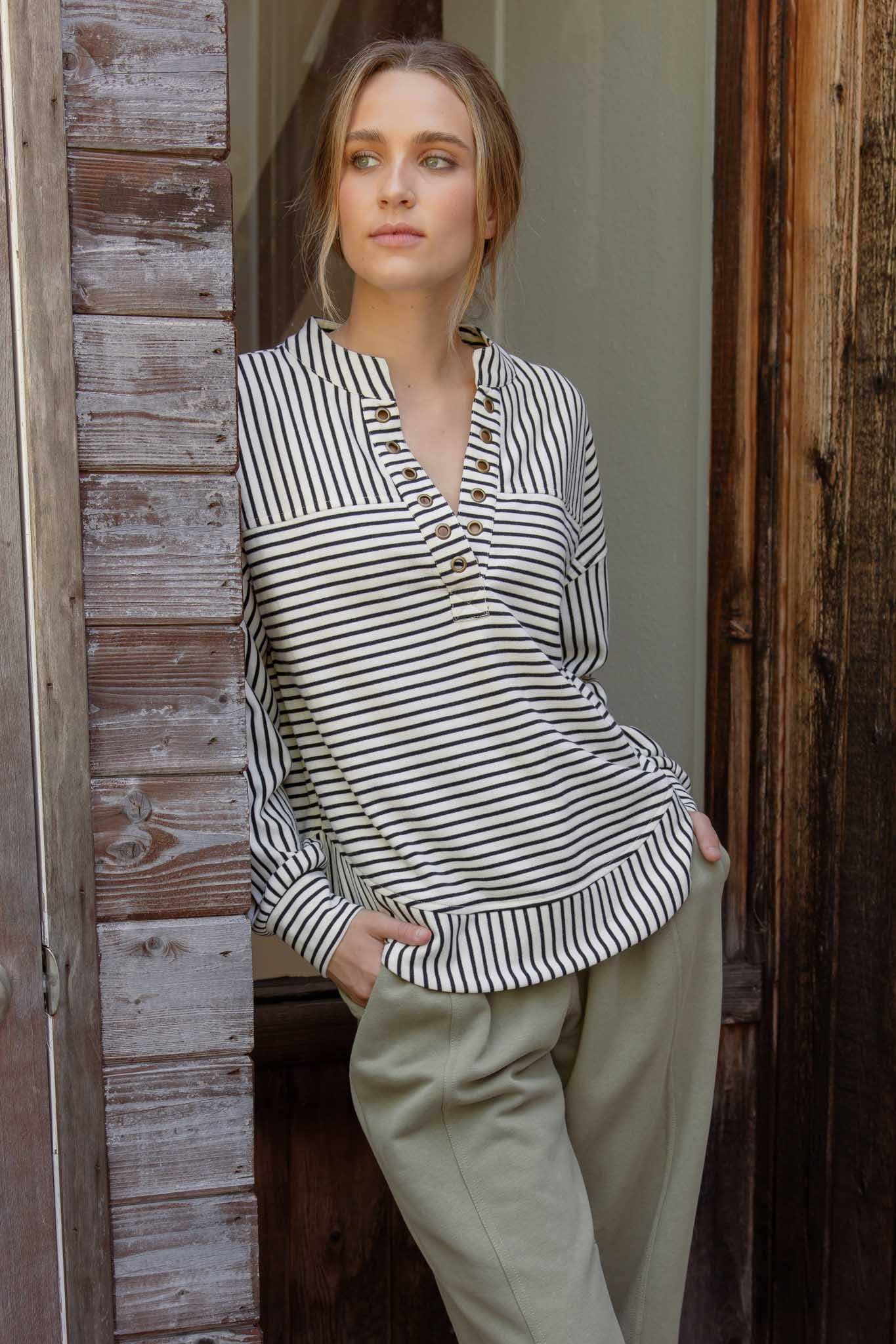 Striped Split Neck Grommet Detail Top