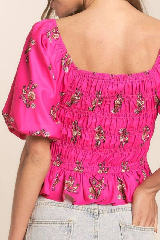 PAISLEY PRINT SMOCKED TOP