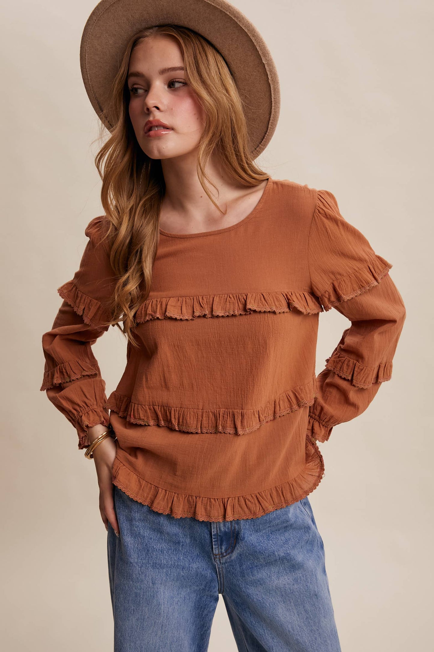 Cotton Ruffle Trim Peasant Blouse LT0605