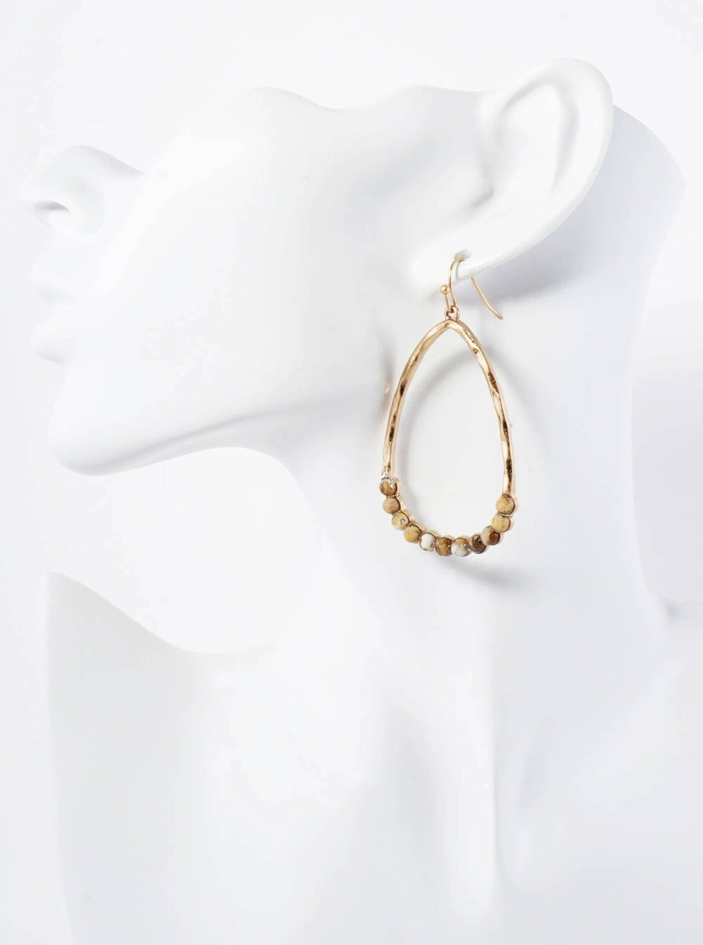 Semi-Precious Natural-Stone Beaded Hammered-Texture Teardrop Dangle Earrings