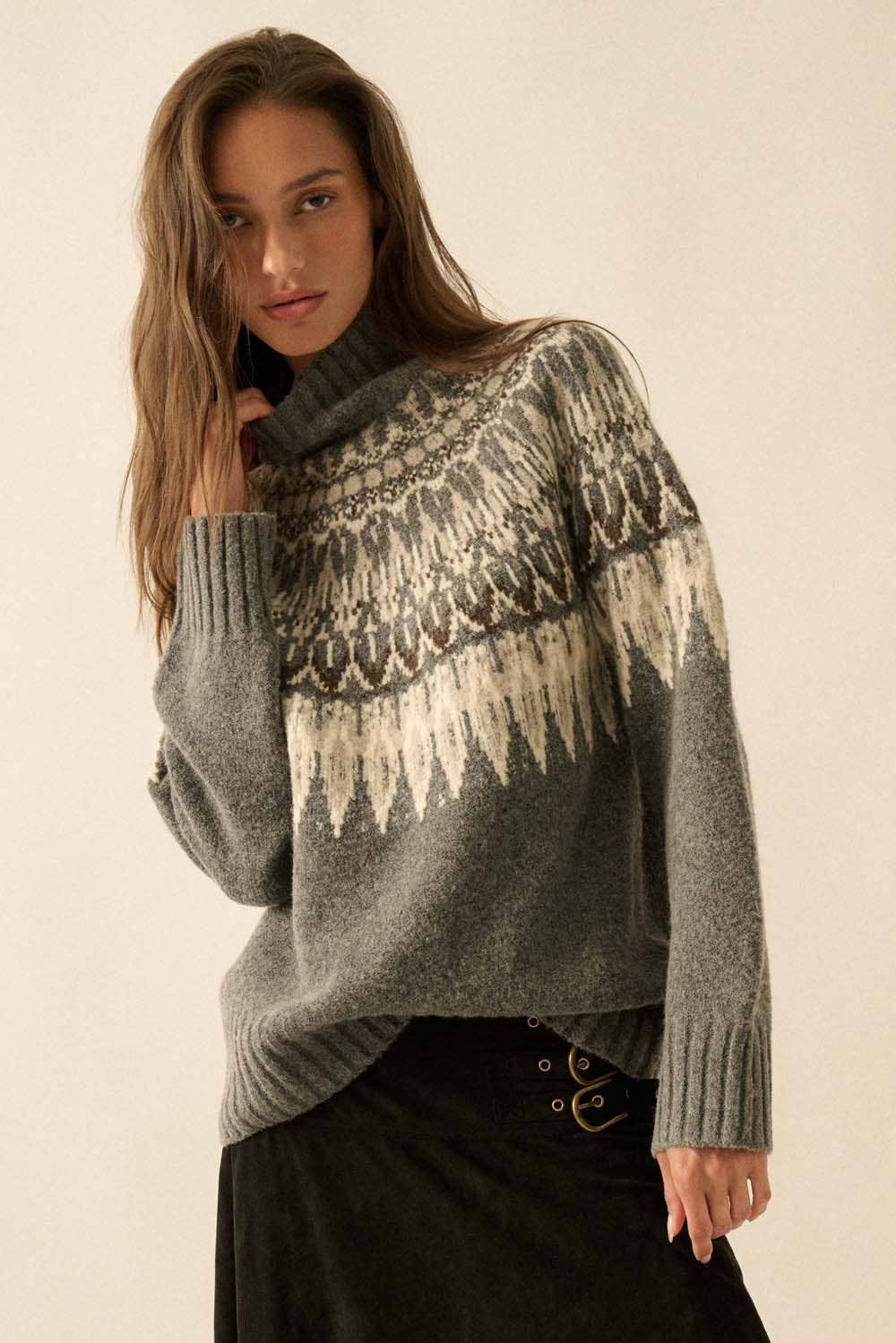 Fair Isle Knit Mock-Neck Sweater