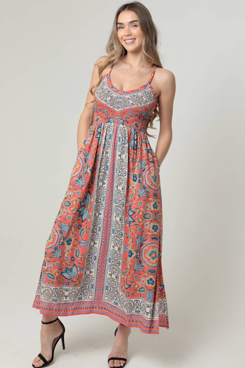 V NECK SMOCKED BODICE MAXI DRESS WITH POCKETS