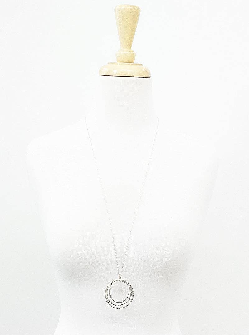 Hammered Metal Tri Circles Pendant Long Necklace