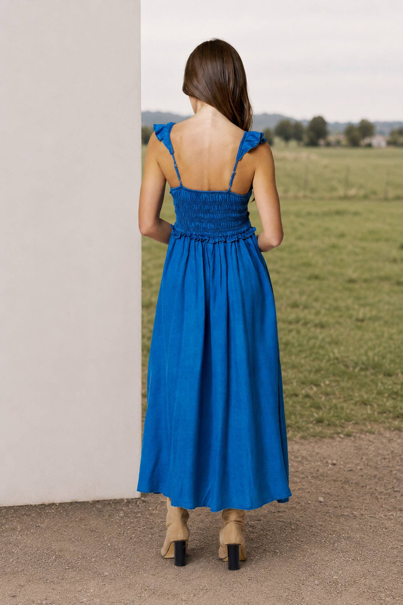 SMOCKED RUFFLE STRAP DENIM MIDI DRESS