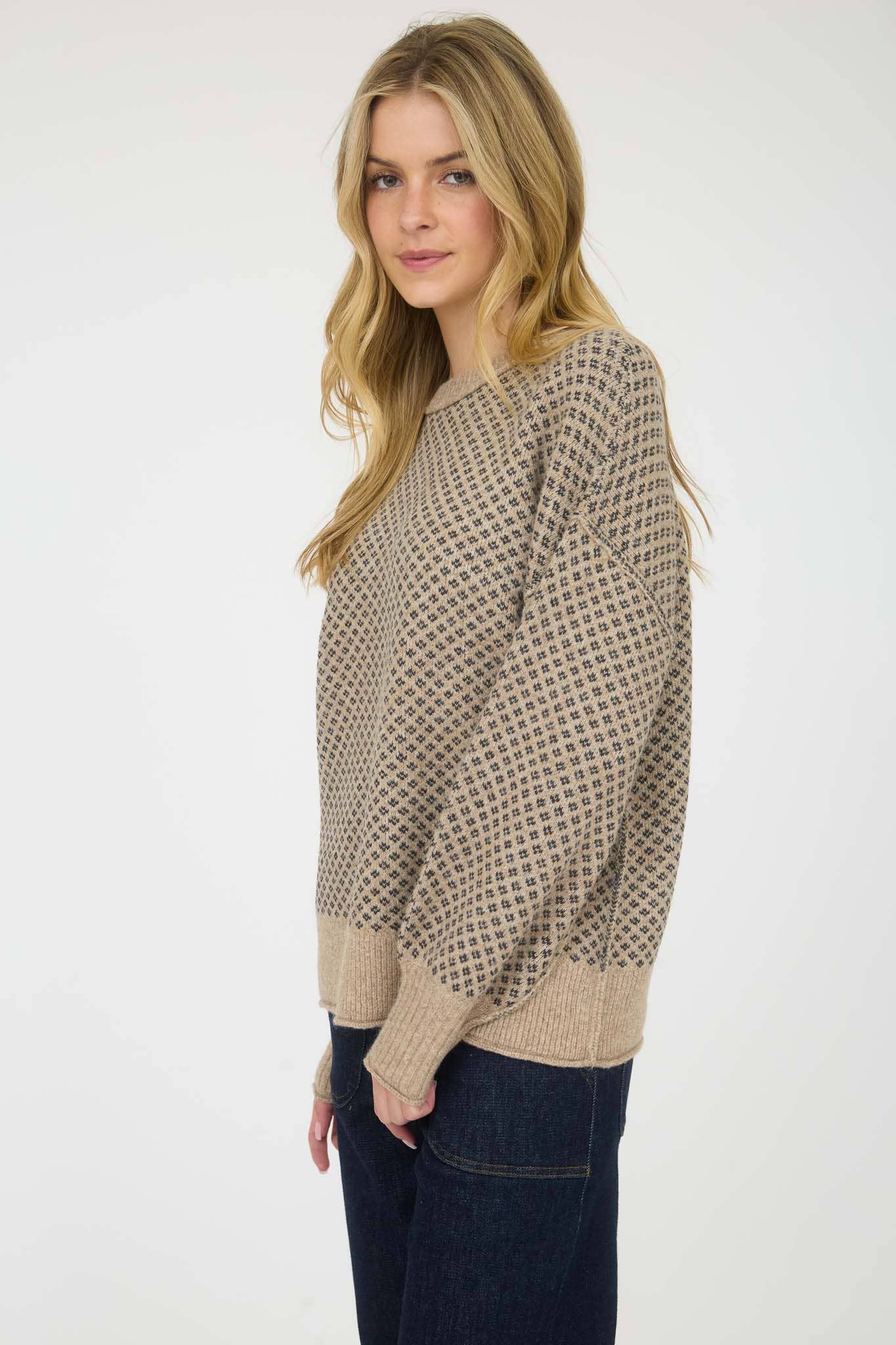MINI JACQUARD CREW NECK LONG SLEEVE KNIT SWEATER
