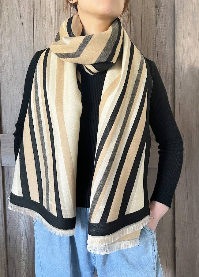 Elegant Geometric Striped Cashmere Large Wrap Scarf