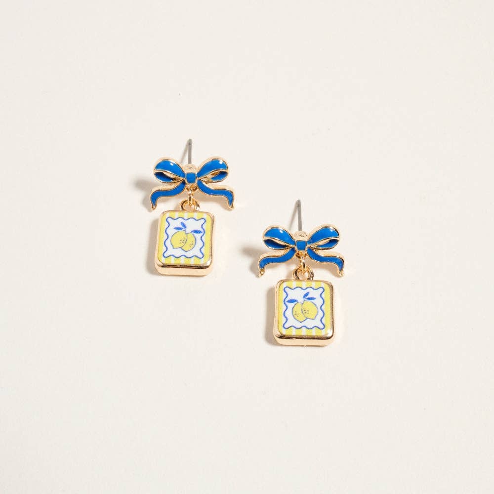 Vintage Print Tile Enamel Bow Earrings