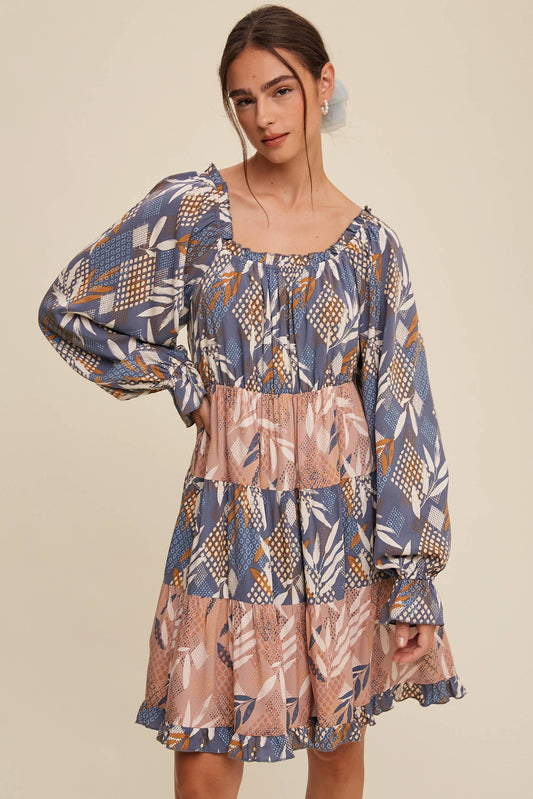 Patchwork Puff-Sleeve Tiered Mini Dress