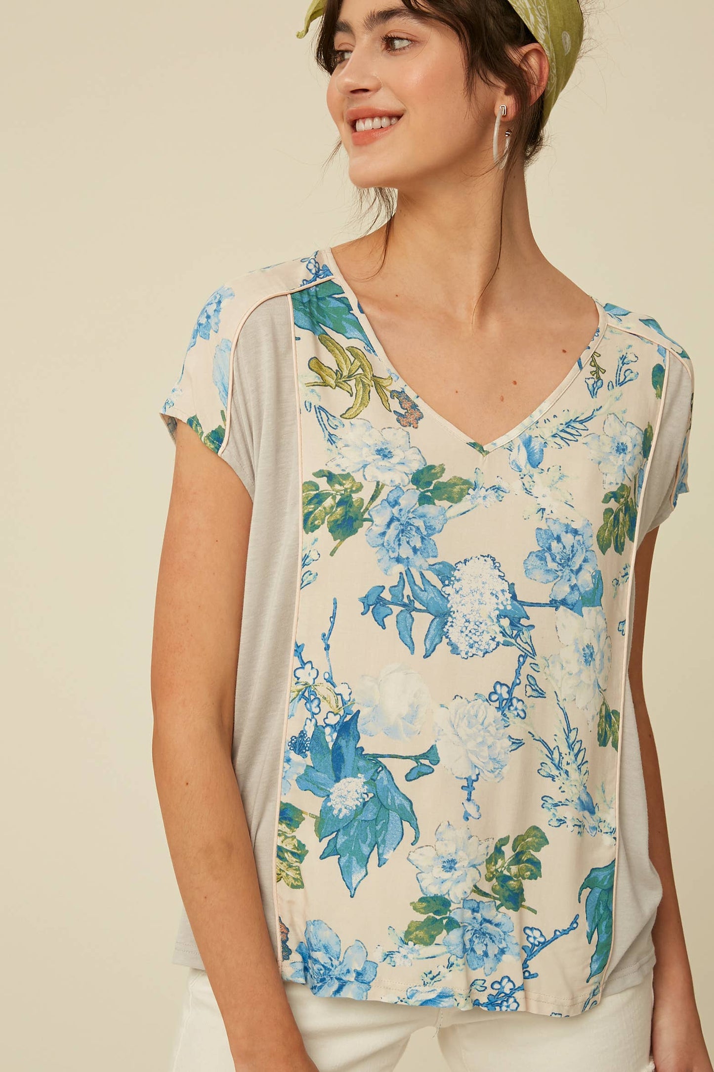 Floral Mixed Fabric V-Neck Blouse