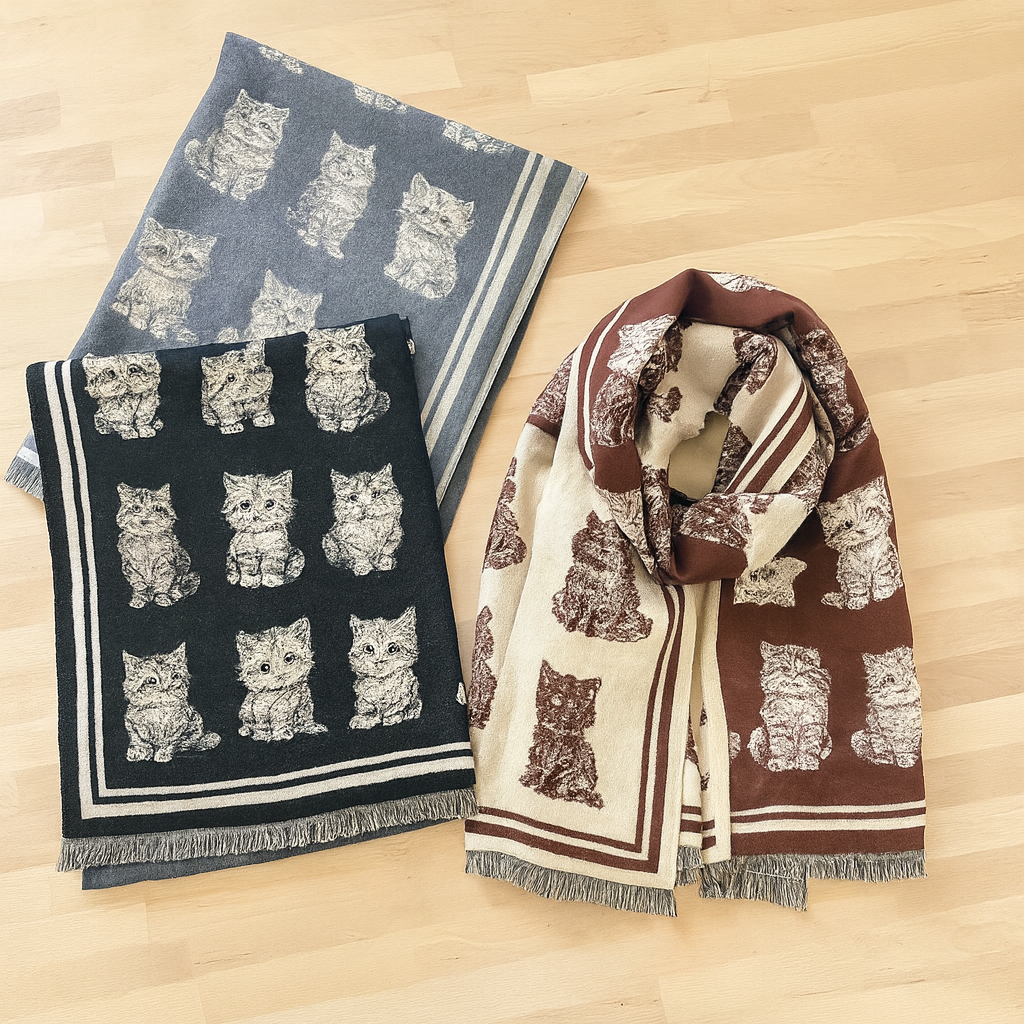 Kitten Print Reversible Cashmere Wrap Scarf