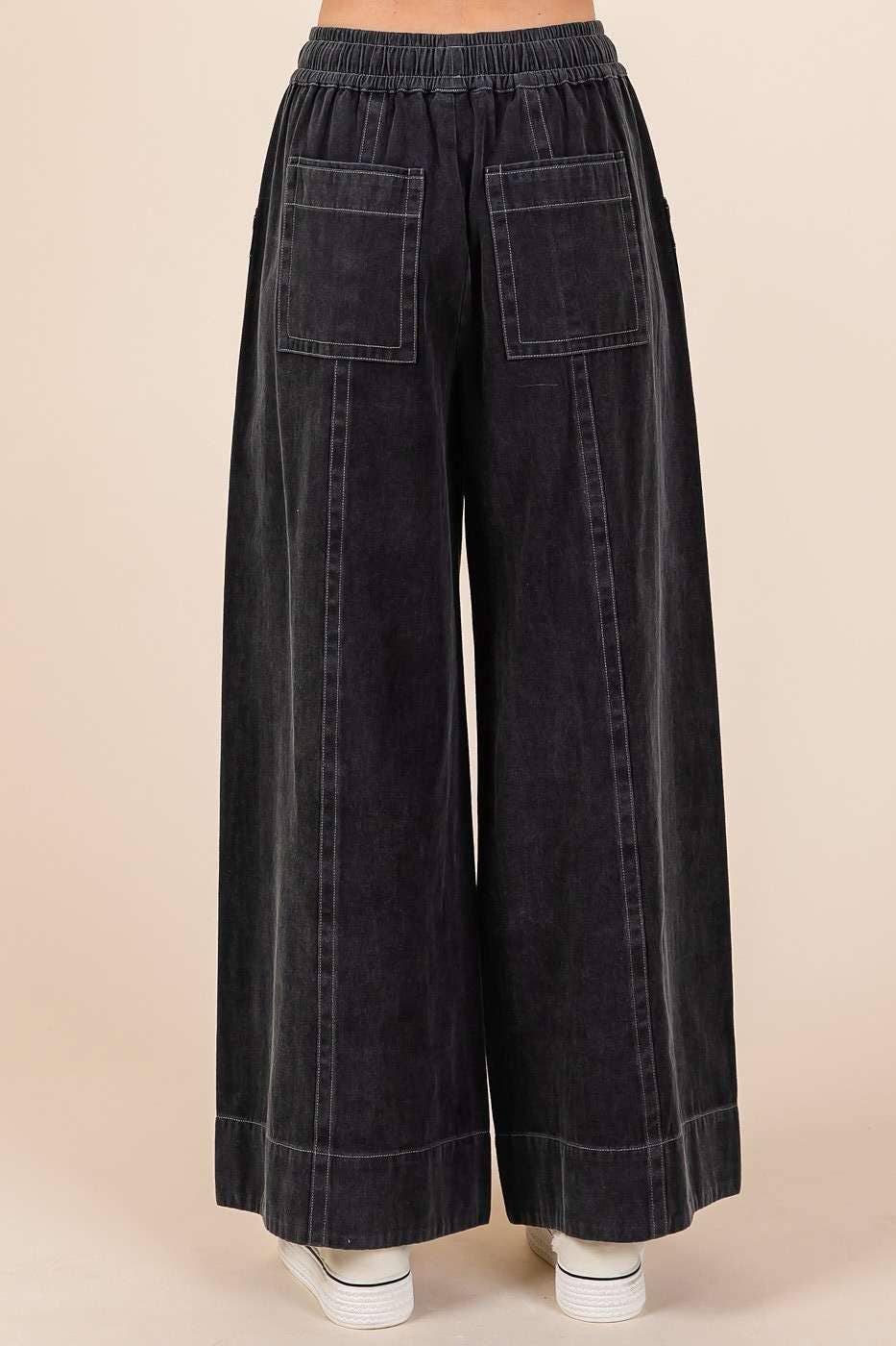 MINERAL WASH WIDE LEG ELASTIC WAIST TWILL PANTS