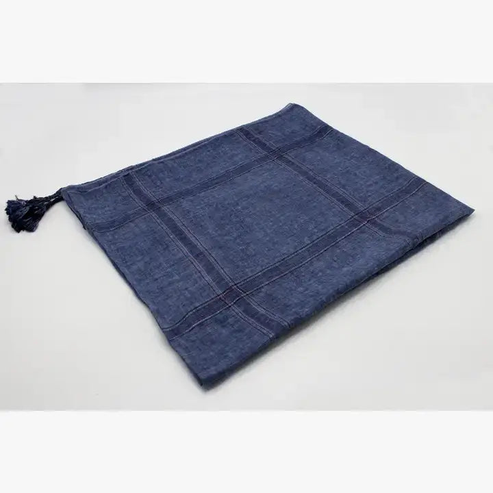 Navy Blue Plaid Garment Dye Cotton Scarf with Tassels