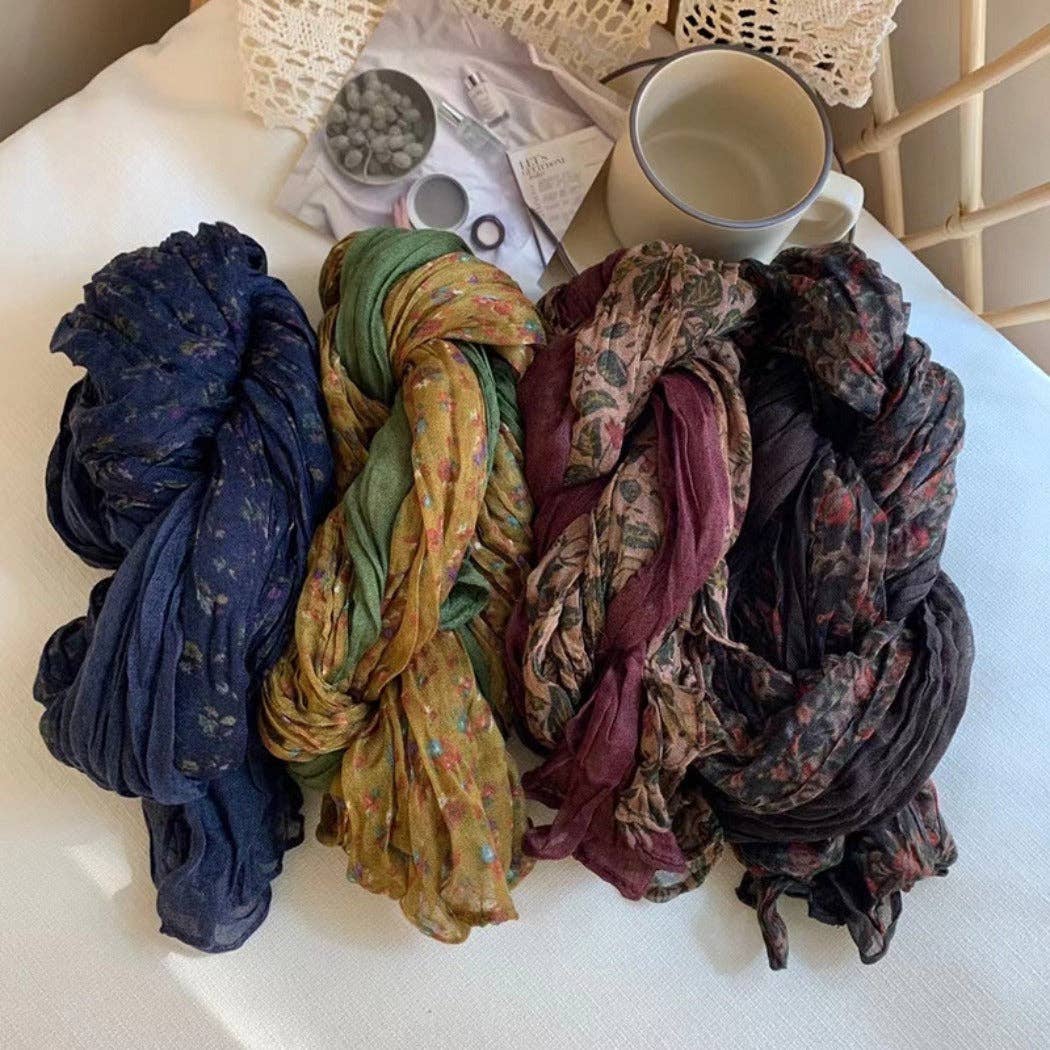 Vintage Floral Pattern Lightweight Ruched Scarf