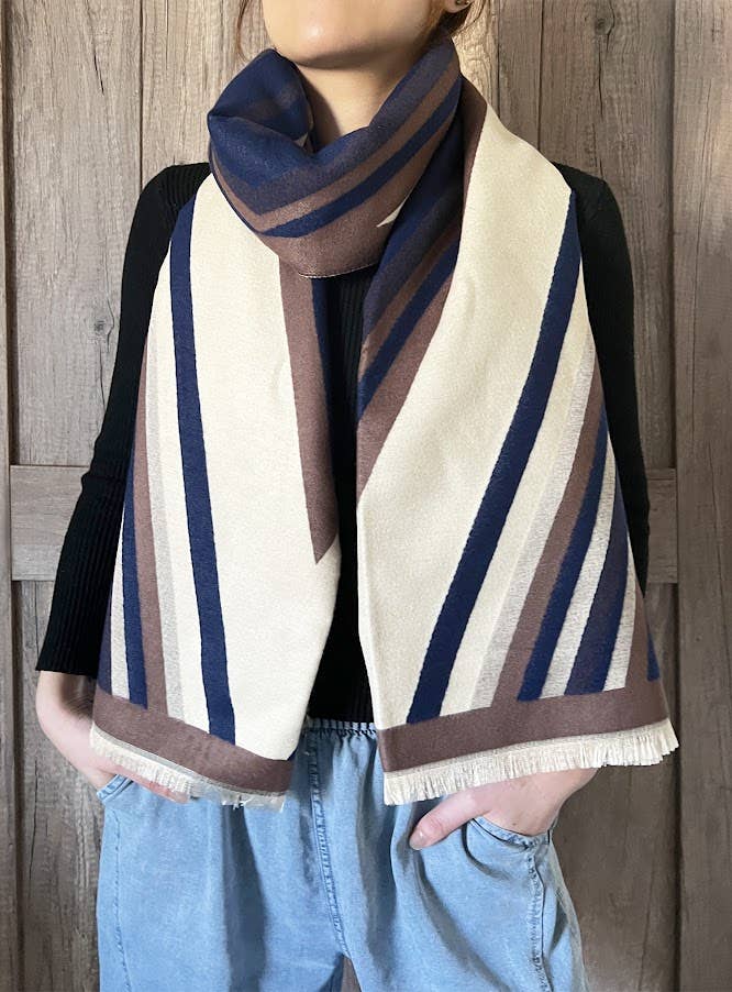 Elegant Geometric Striped Cashmere Large Wrap Scarf