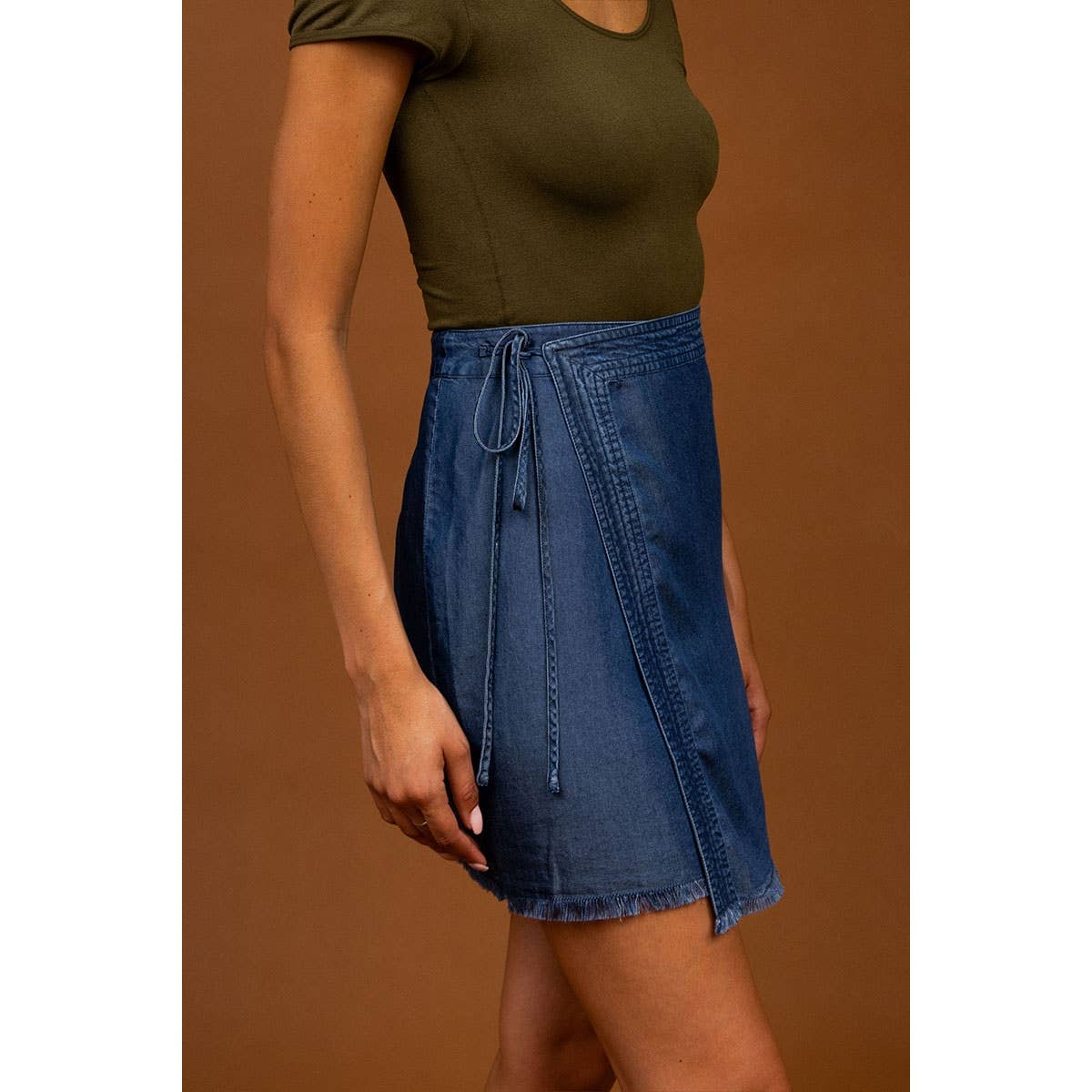 Asymmetrical Wrap Tencel Skirt With Fray Hem Topstitch Detai