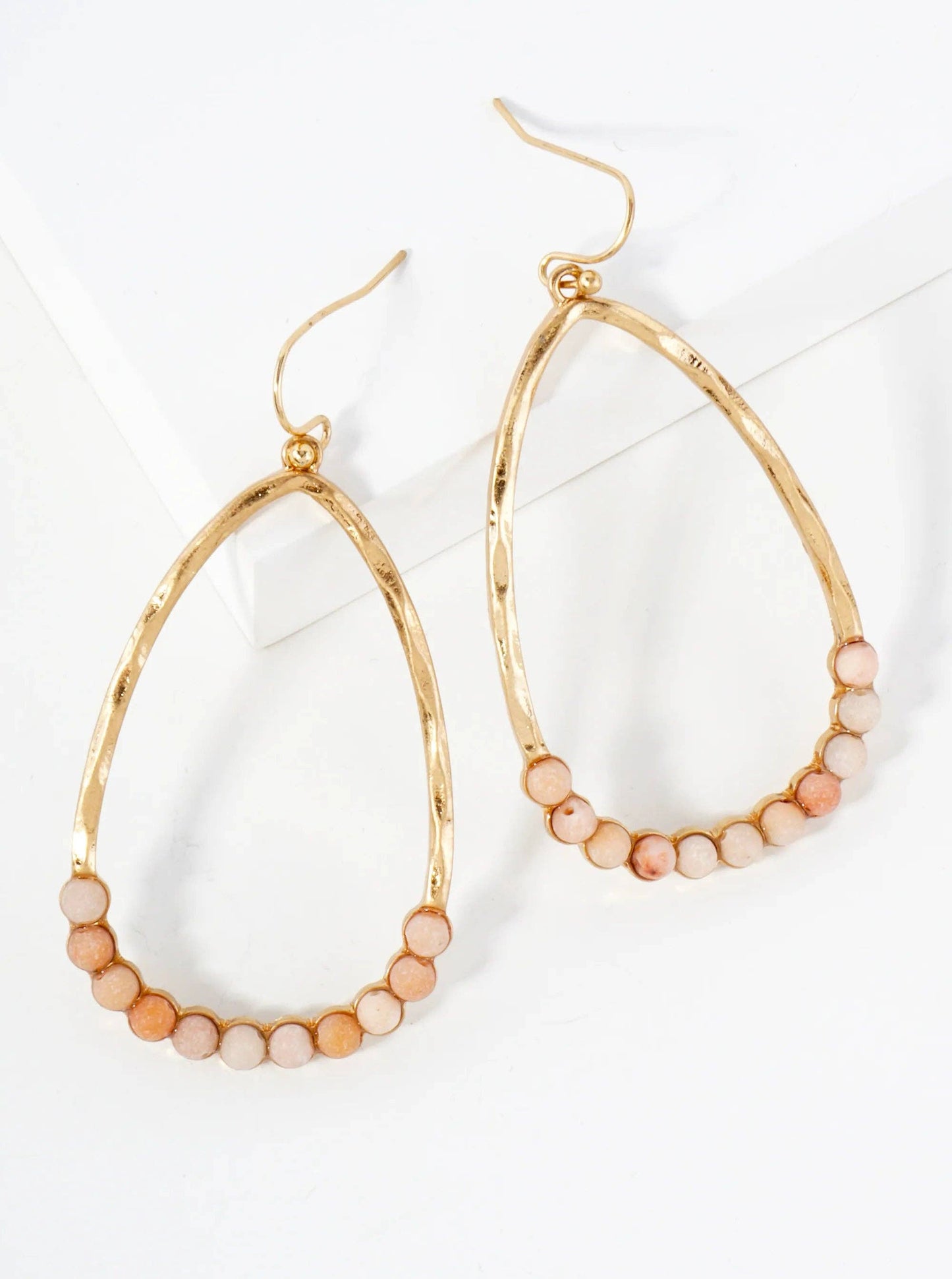 Semi-Precious Natural-Stone Beaded Hammered-Texture Teardrop Dangle Earrings