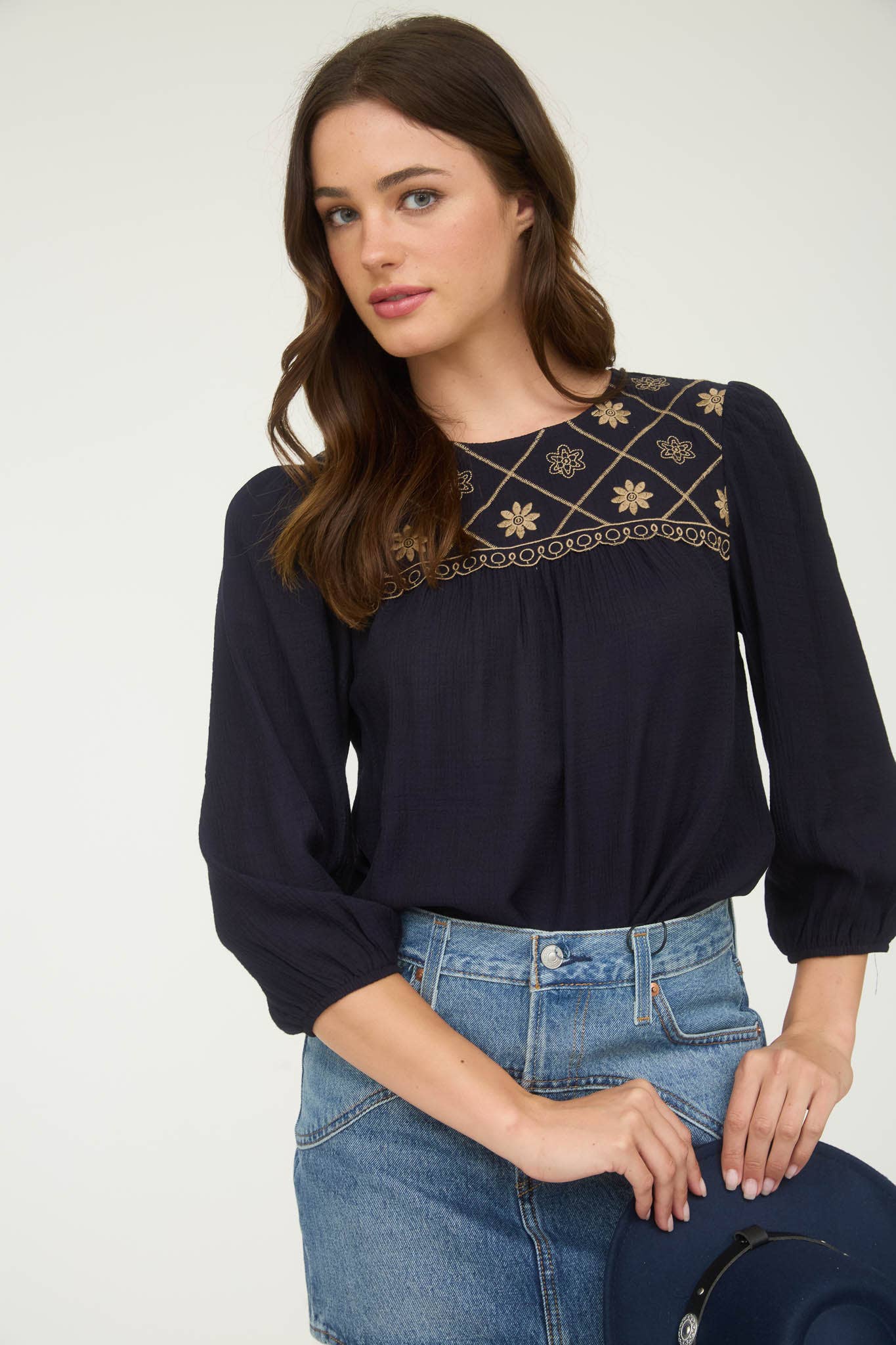 FLORAL EMBROIDERED YOKE 3/4 SLEEVE BLOUSE