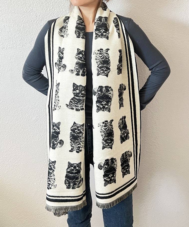 Kitten Print Reversible Cashmere Wrap Scarf