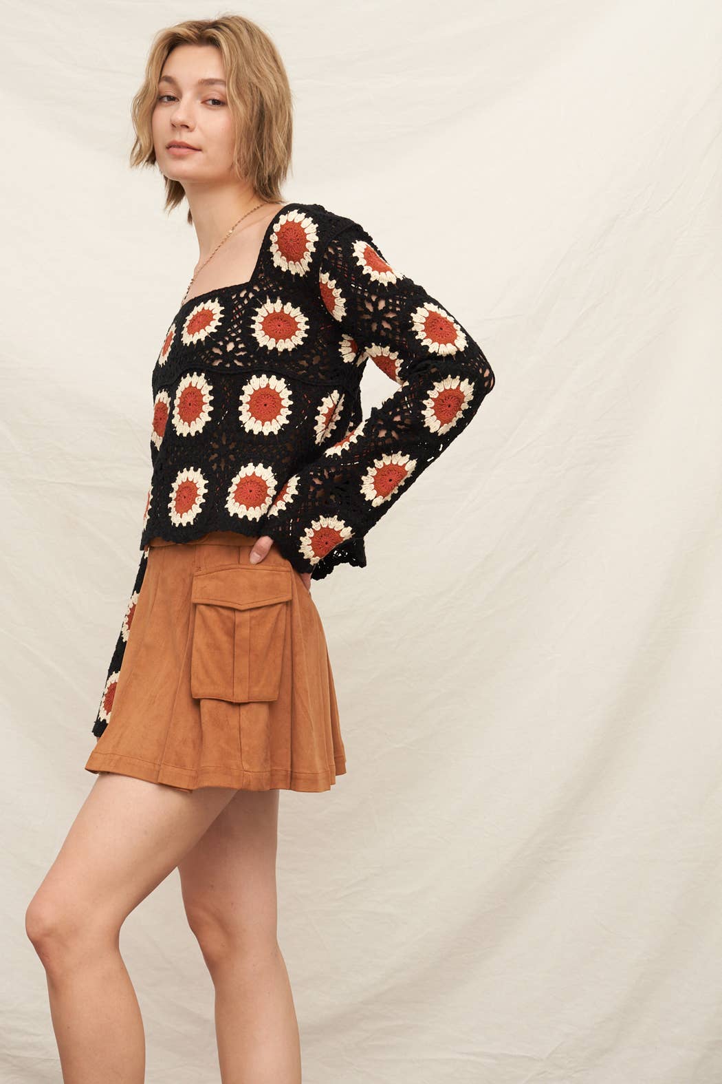 Long Sleeve Sunflower Crochet Square Neck Top