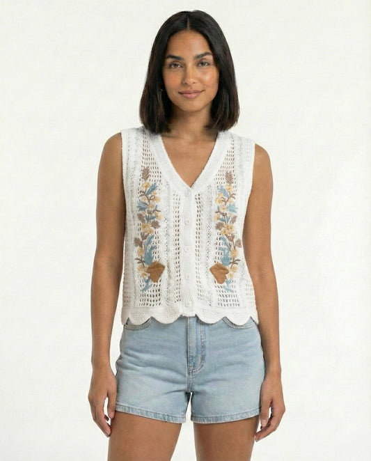 Women’s Floral Embroidered Crochet Knit Vest