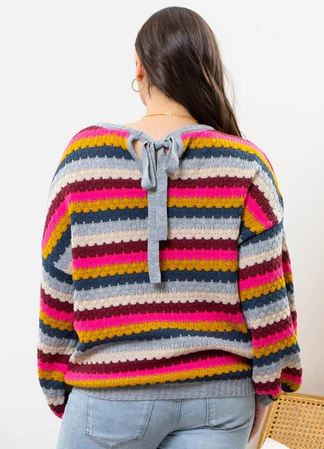 Plus Size Tie Back Multicolored Patterned Knit Sweater