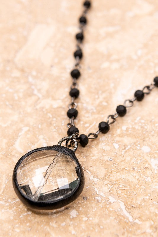 Crystal Pendant Black Beaded Necklace