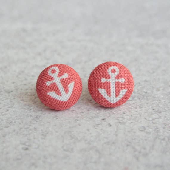 Red Anchors Fabric Button Earrings