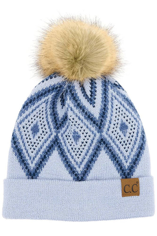 C.C Diamond Geometric Pattern Pom Beanie