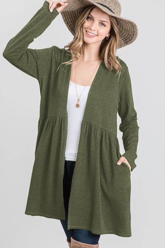 SOLID RUFFLED OPEN CARDIGAN WITH SIDE POCKETS